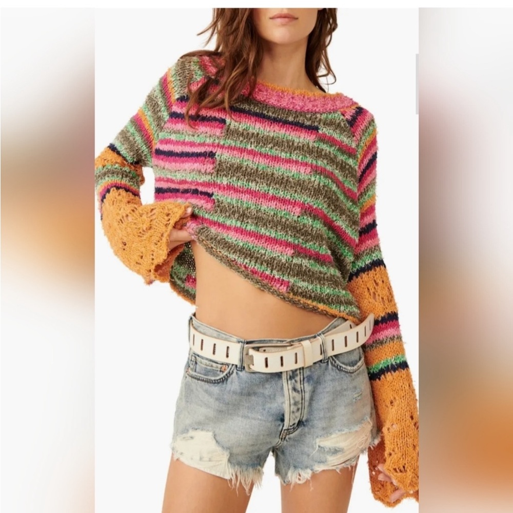 Free People Butterfly Mixed Stripe Cotton Blend Sweater ~ Medium